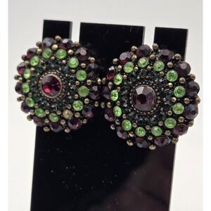 Vintage Deep Red Green Rhinestone Cluster Earrings Antiqued Gold Tone Boho